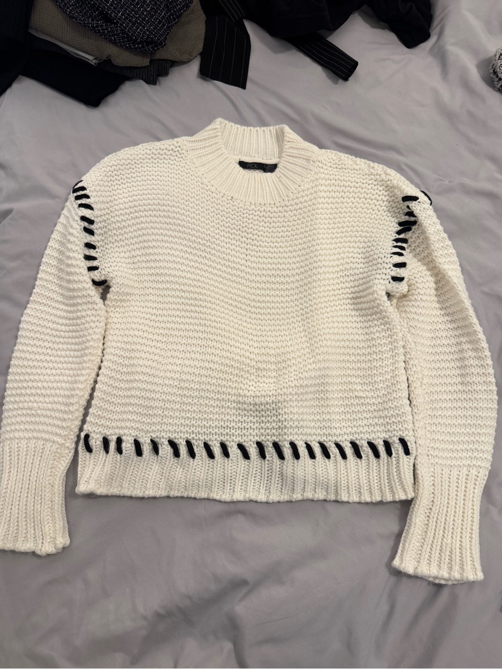 RDI White Crewneck Sweater with Black Accent Stitching